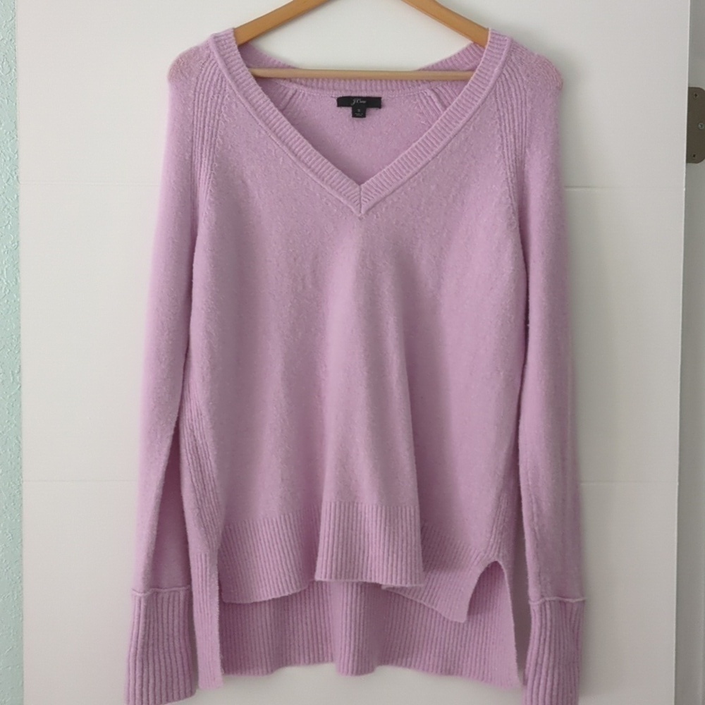 J crew V-neck Soft Yarn Wool Alpaca Mix High Low lilac Pullover Side Splits Sz S